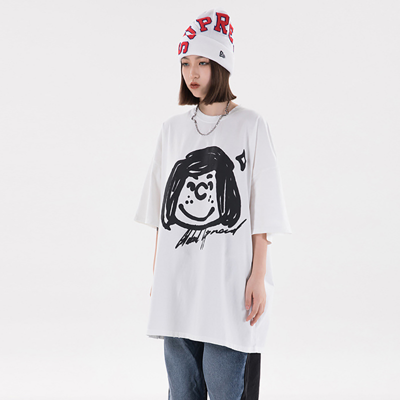 Cartoon Girl Printed Basic Tops Women's Summer Round Neck Large Size Short Sleeve T-shirt Female Tide 5C359 210427