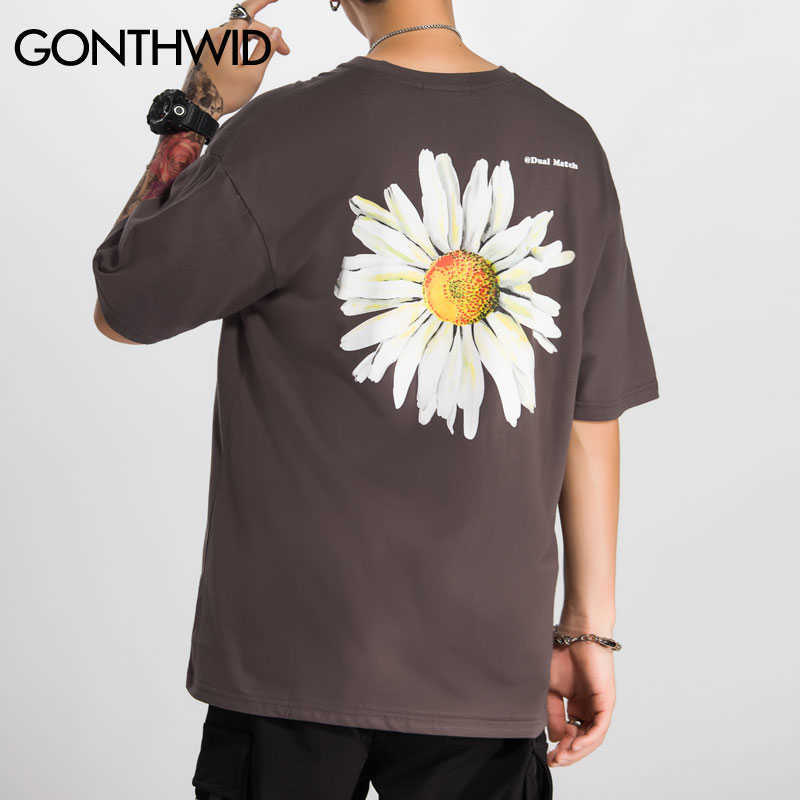 GONTHWID Harajuku Daisy Flower Print Tshirts Casual Streetwear Short Sleeve Tops Tees Men Hip Hop Fashion Summer T Shirts Male 210623