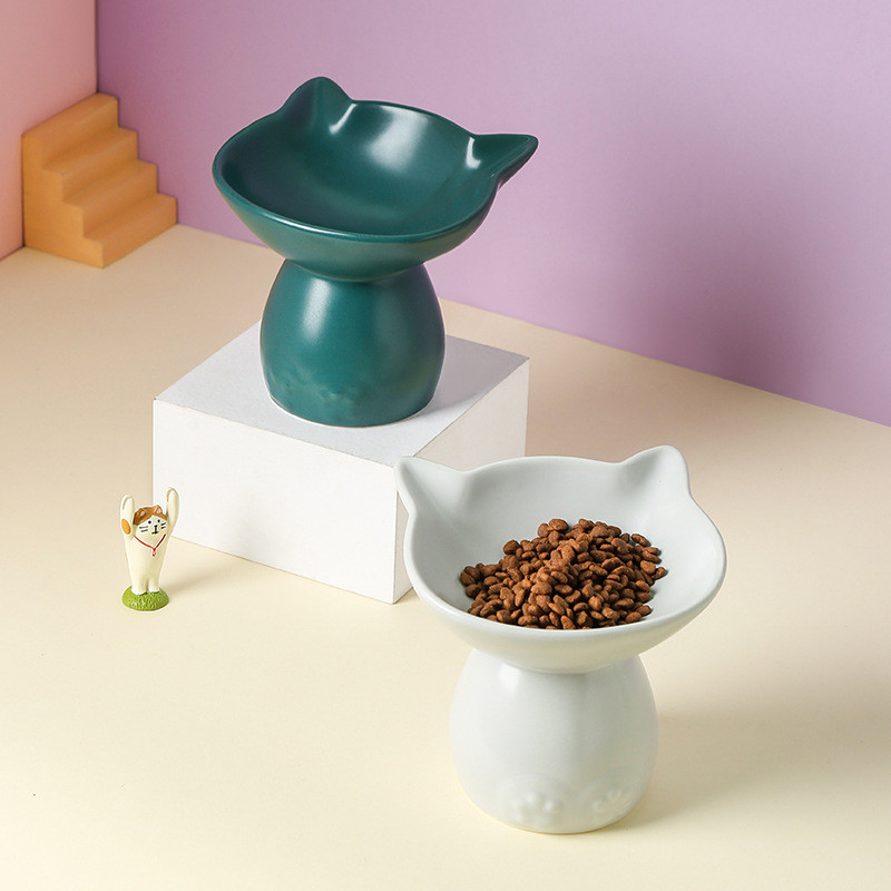 New Cat Bowl Ceramic High Foot Oblique Mouth Pet Supplies Cat Puppet Cat Rice Bowl To Protect The Cervical Spine Pet Accessories