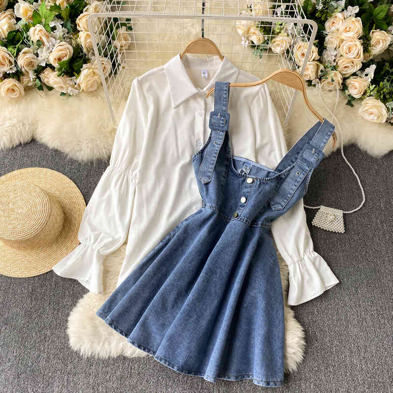 Nomikuma Two Peice Set for Women Puff Sleeve Solid Blouse Shirt + Demin High Waist A-line Sling Dress Korean Spring Suits 6E695 210427