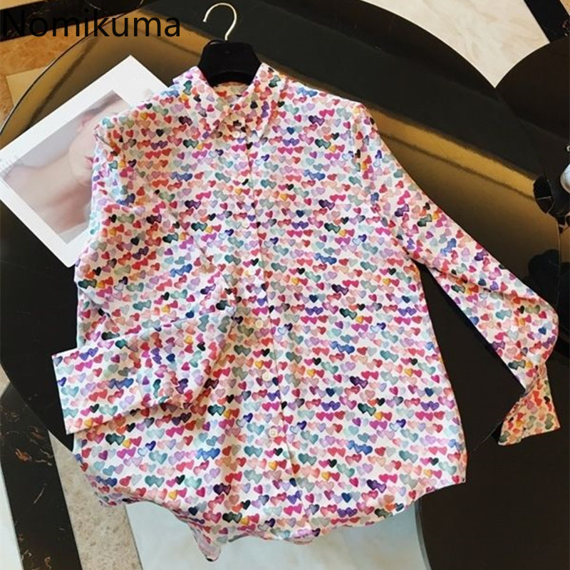 Nomikuma Korean Colourful Printing Blouse Shirt Causal Long Sleeve Turn-down Collar Women Tops Spring New Blusas New 6G111 210427