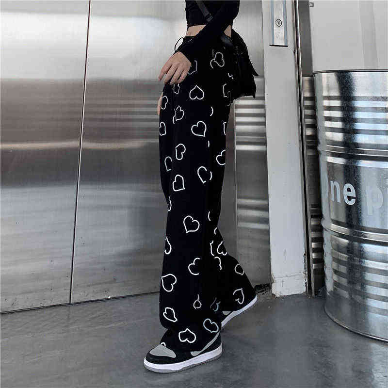MINGLIUSILI Hip Hop Wide Leg Pant Vintage Korean Style Trousers Women Fashion Spring Harajuku Heart Print Pants 211124