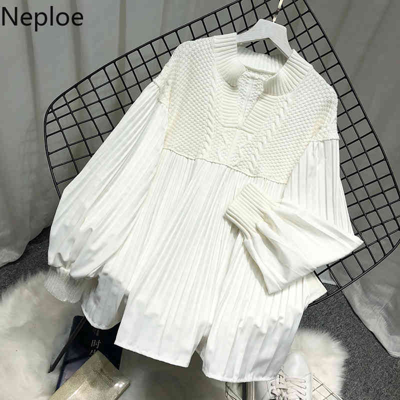 Naploe Fall Clothes Vintage Sweaters Women Patchwork Loose Knitted Pullovers V-neck Lantern Sleeve Pleated Jumper Tops Female 210422
