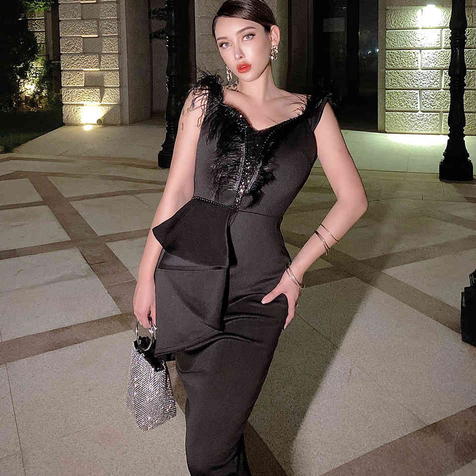Free Women Fashion Feather Dress Sexy V-neck Sleeveless Pearl Sequin Bodycon Midi Club Party es 210524