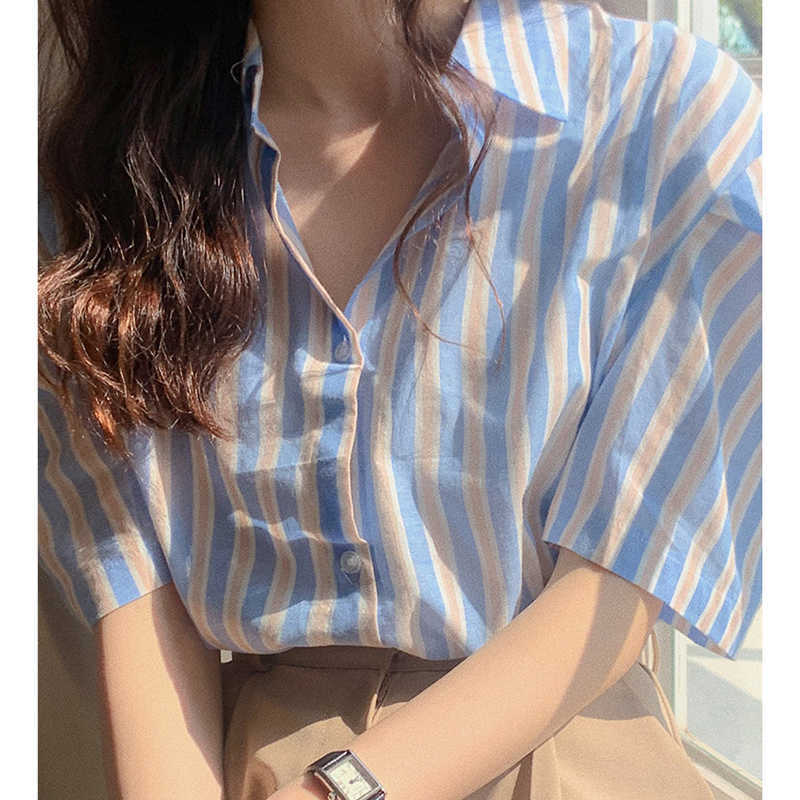 Korejpaa Women Shirt Summer Korean Chic Sweet Fresh Blue Striped Lapel Single-Breasted Loose Casual Puff Sleeve Blouses 210526