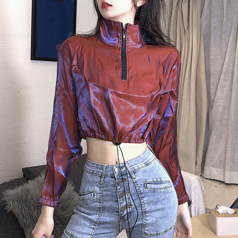 Nomikuma Korean Drawstring Cropped Hoodies Spring Zipper Stand Neck Women Sweatshirts Causal Long Sleeve Top Jumper 6F381 210427