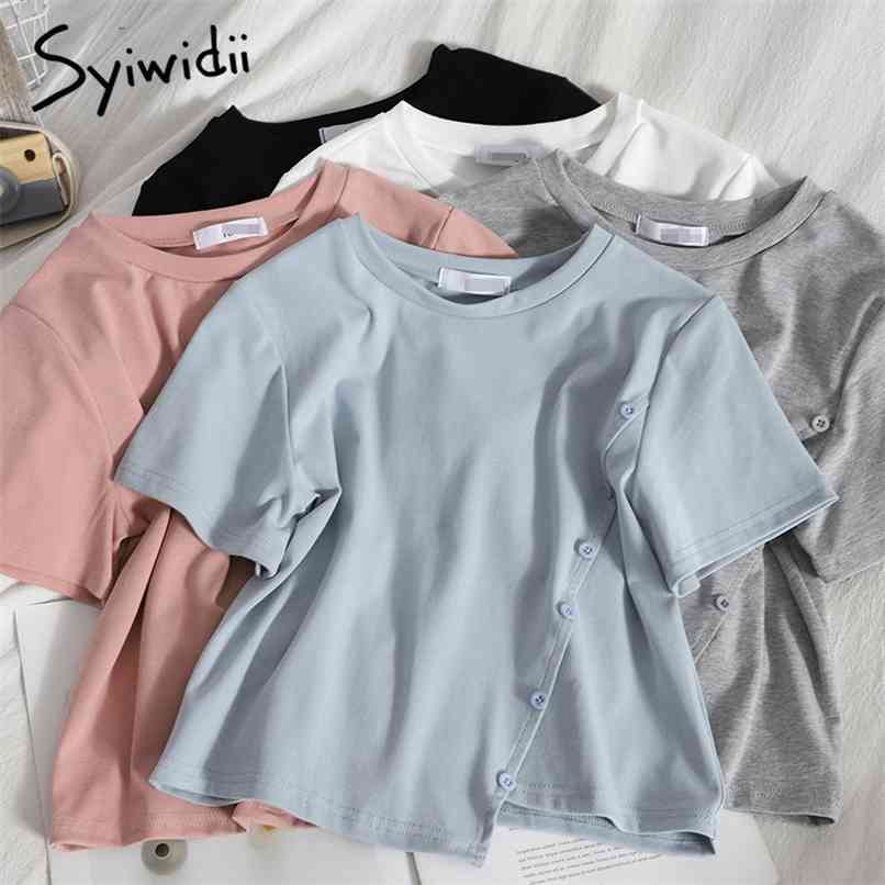 Irregular Woman T Shirts Korean Harajuku Summer Cotton Tops Button Up Short Sleeve O Neck Pink White Blue Tees 210607
Irregular Woman T Shirts Korean Harajuku Summer Cotton Tops Button Up Short Sleeve O Neck Pink White Blue Tees 210607