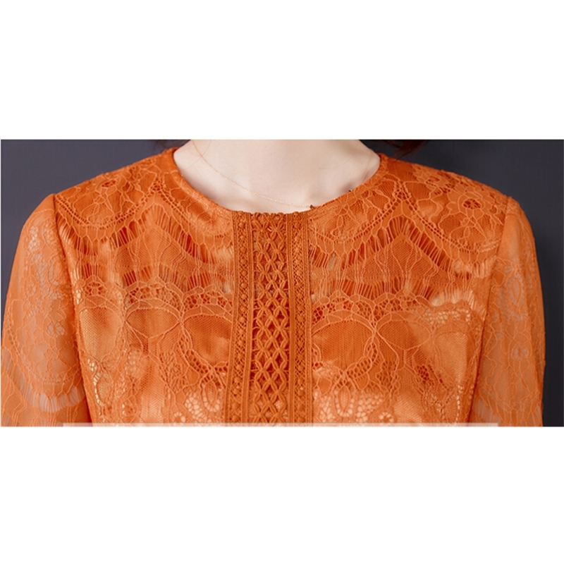 Fashion Spring Orange Lace Hollow Out Slim Maxi Dress Women's Long Sleeve Elegant Temperament Party Dresses 210520