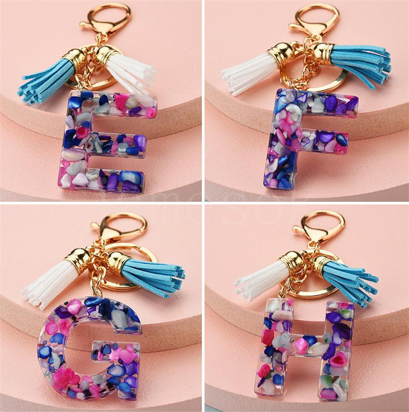 26 English Alphabet Keychain Beautiful Fashionable Transparent Acrylic Crystal Tassel Pendant Bag Christmas Gift DB576