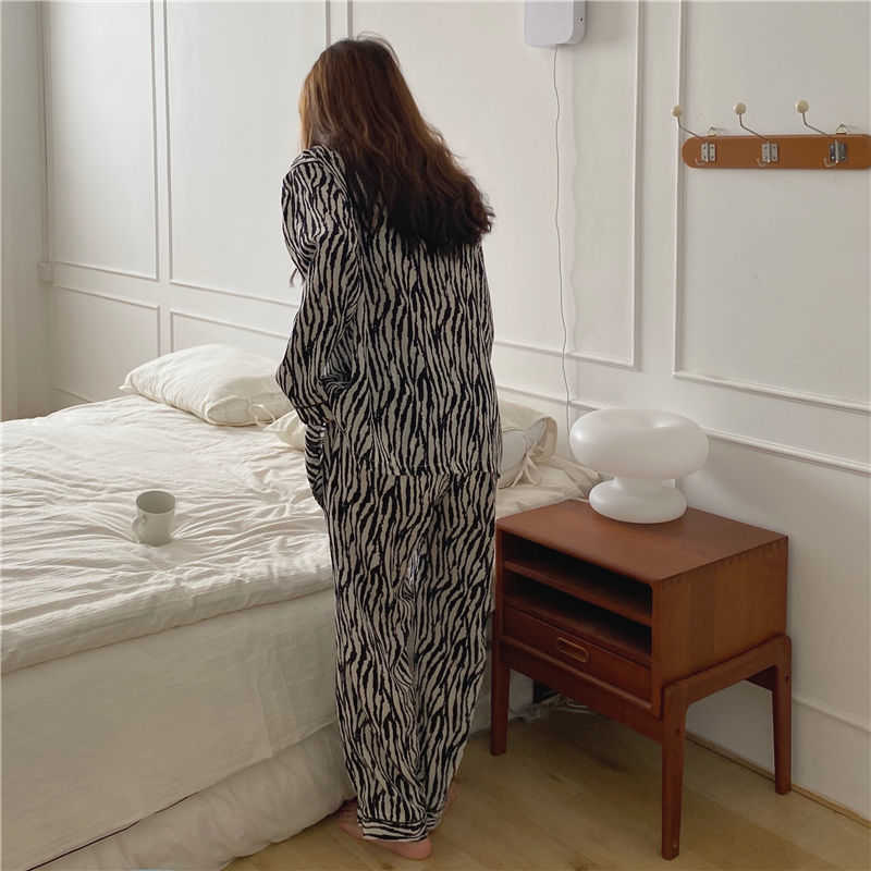 Pijama Set Woman 2 Pieces Nightie Sleepwear Home Clothes Zebra Pattern Pajamas Girl Winter Pyjama Female Suit Outfits Homewear 210924