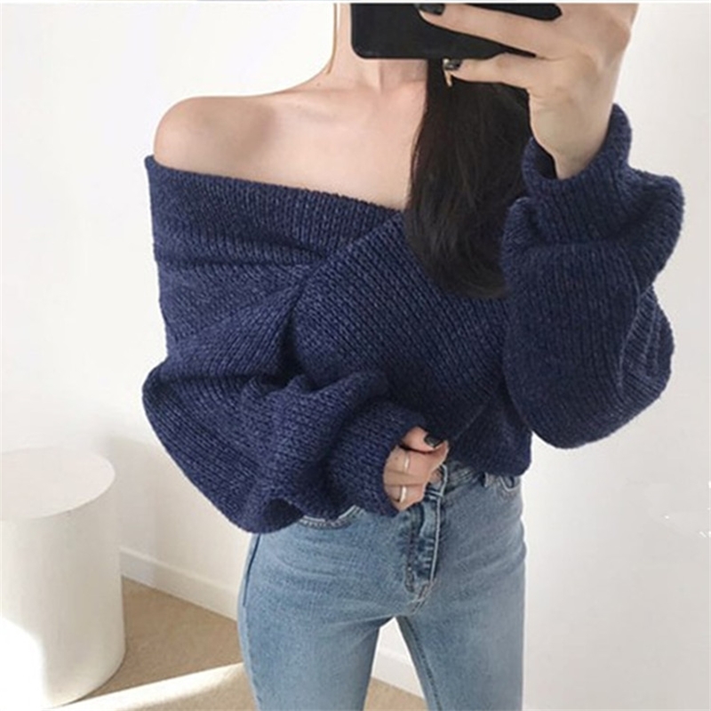 Long Sleeve Sexy Knit Sweater For Women Autumn Winter Pullover Tops Korean Cross V-neck Off Shoulder Ladies Thick Sweaters 210514