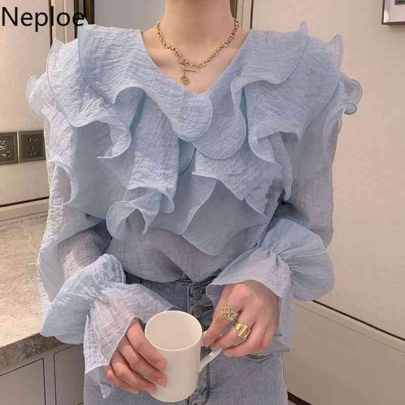 Neploe Fashion Women Blouse Flare Sleeve V Neck Heavy Ruffle Loose All-match Shirt Korean Chiffon Blusas White Elegant Tops 210422