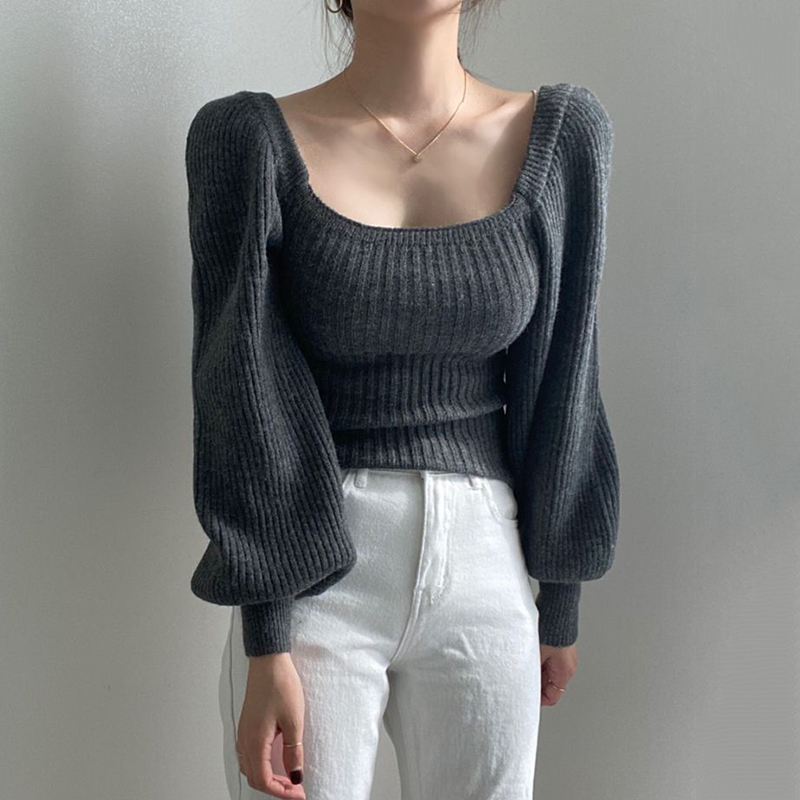 Nomikuma Korea Chic Autumn Winter Women Sweater Square Collar Puff Long Sleeve Causal Knitted Pullover New Pull Femme 6C870 210427