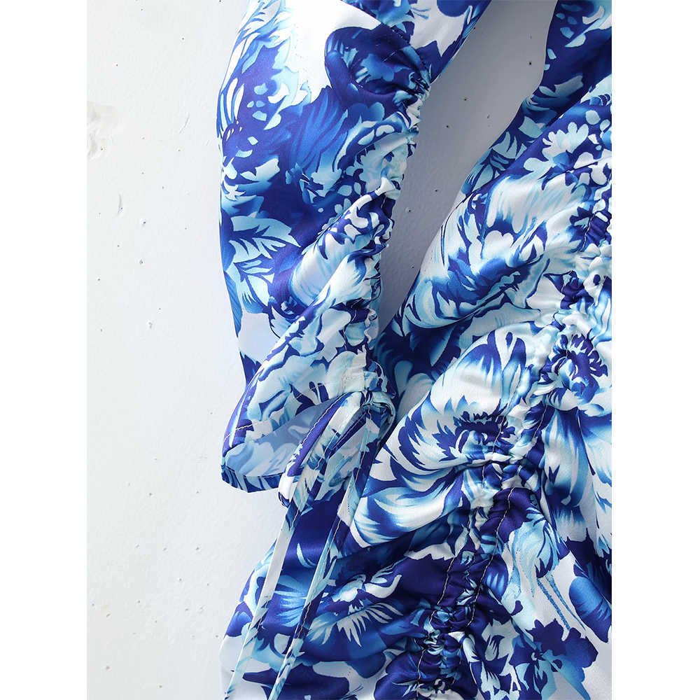 Summer Floral Draped Dress Women Vintage Casual Fashion Chic Lady Short Dress Women 210709