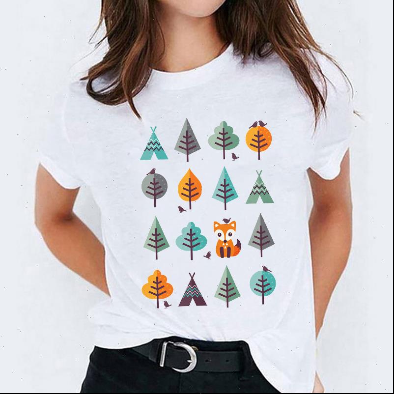 cartoon fox forest cute 90s womens t shirts printing graphic tee, White 
cartoon fox forest cute 90s womens t shirts printing graphic tee, White