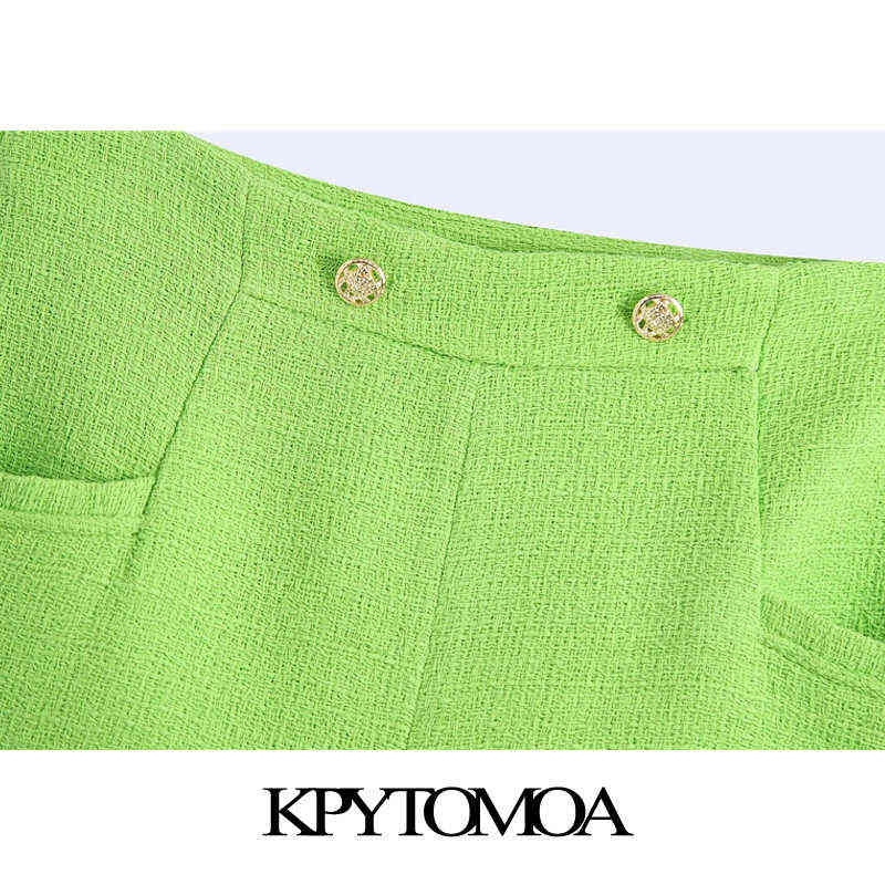 KPYTOMOA Women Chic Fashion With Pockets Tweed Bermudas Shorts Vintage High Waist Back Zipper Female Short Pants Mujer 210625