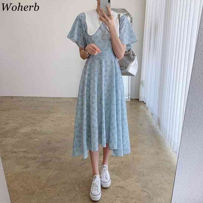 Summer Floral Print Korean Chic Style Peter Pan Collar Short Sleeve Ladies Dress Casual Long All Match Vestidos 210519
