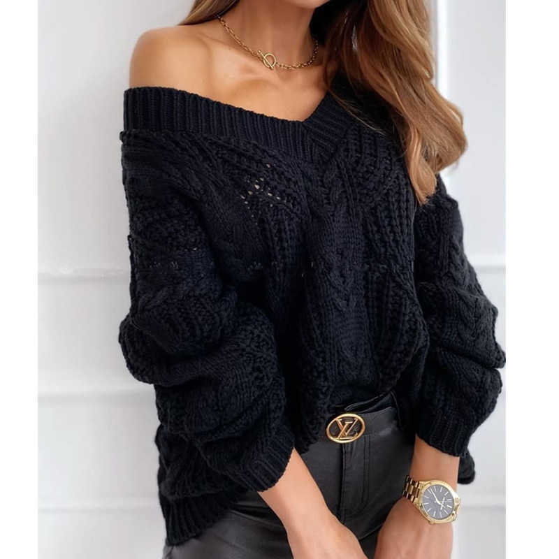 Women Solid Hollow Out Ribbed Knitted Sweater Autumn Winter V Neck Tops Casual Female Long Sleeve Loose Pullover 211007
