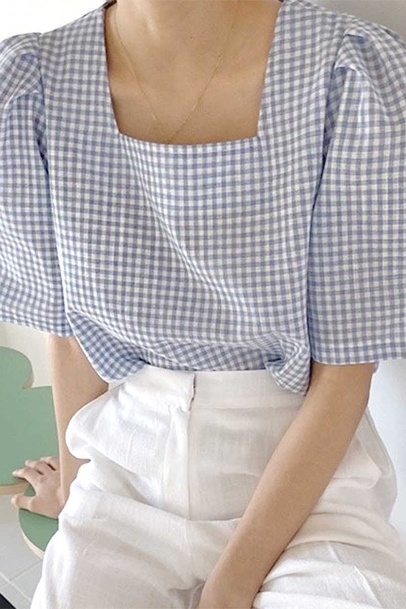 Korejpaa Women Blouses Korean Chic Summer Gentle Square Collar Plaid Fashion Loose-fitting Bubble-sleeved Female Shirt Top 210526
