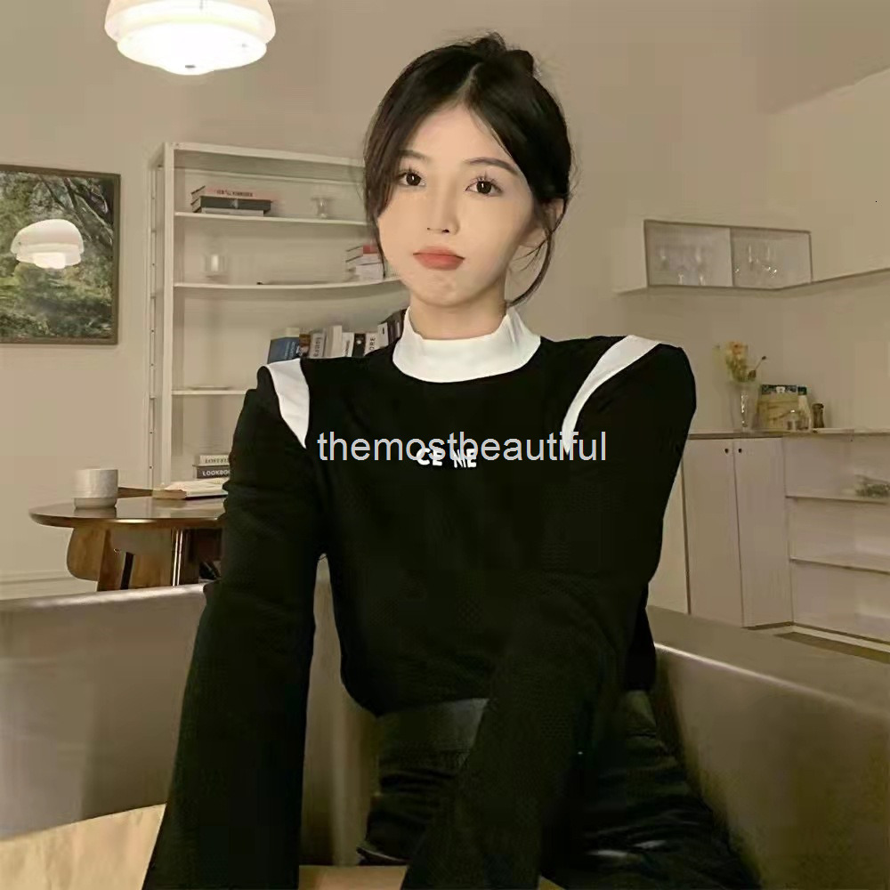 Women's T-Shirt winter CE Black and white stitching medium high neck letter slim bottomed shirt is thin versatile long sleeved top for women
Women's T-Shirt winter CE Black and white stitching medium high neck letter slim bottomed shirt is thin versatile long sleeved top for women