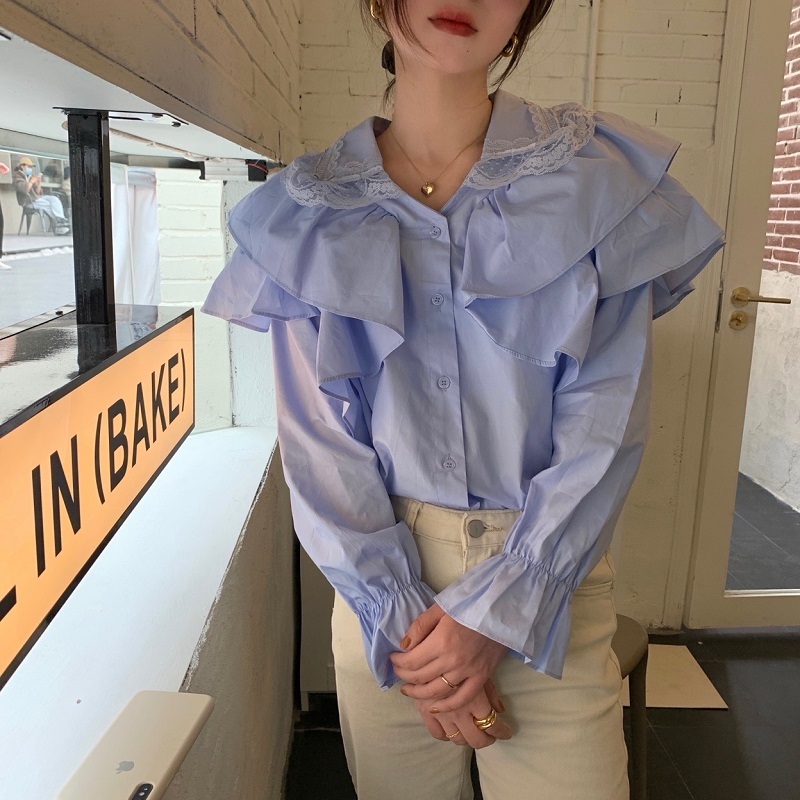Korean Blouse Ruffle Turn Down Collar Long Sleeve Shirt Women Solid Color Casual Loose Fashion Tops Chic Blusas 210519