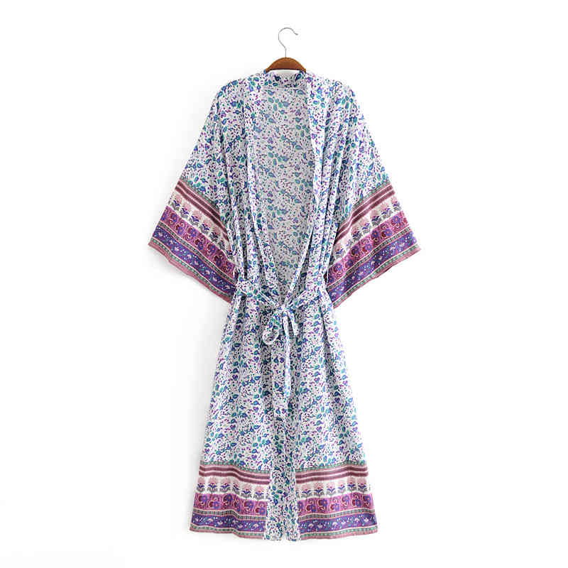 beauty Boho Vintage Print Cotton Long Kimono Women Holiday V-neck Ladies Dresses Female Loose Beach Wear 210514