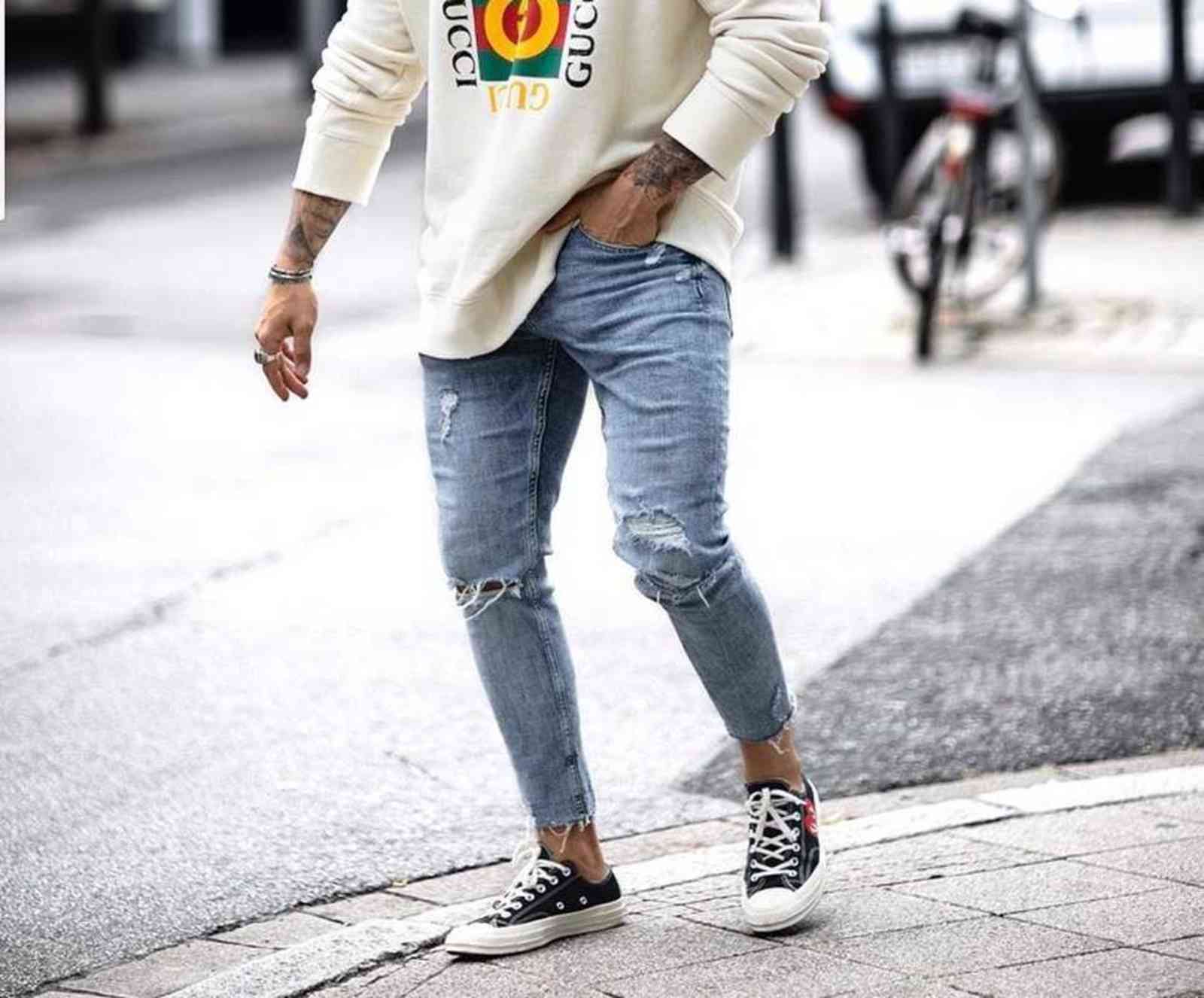 Casual Skinny Jeans Ankle Length Ripped Denim Pant Zipper Fly Men Clothing Cut Bottom Pencil Pant Light Blue Cowboys Streetwear 211120