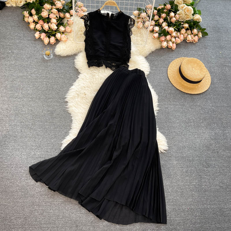 Purple/Yellow/Red Lace Chiffon Two Piece Dress Women Vintage Beach Party Sleeveless Short Tops Pleated Long Skirt Female 2pcs Suit 2022
