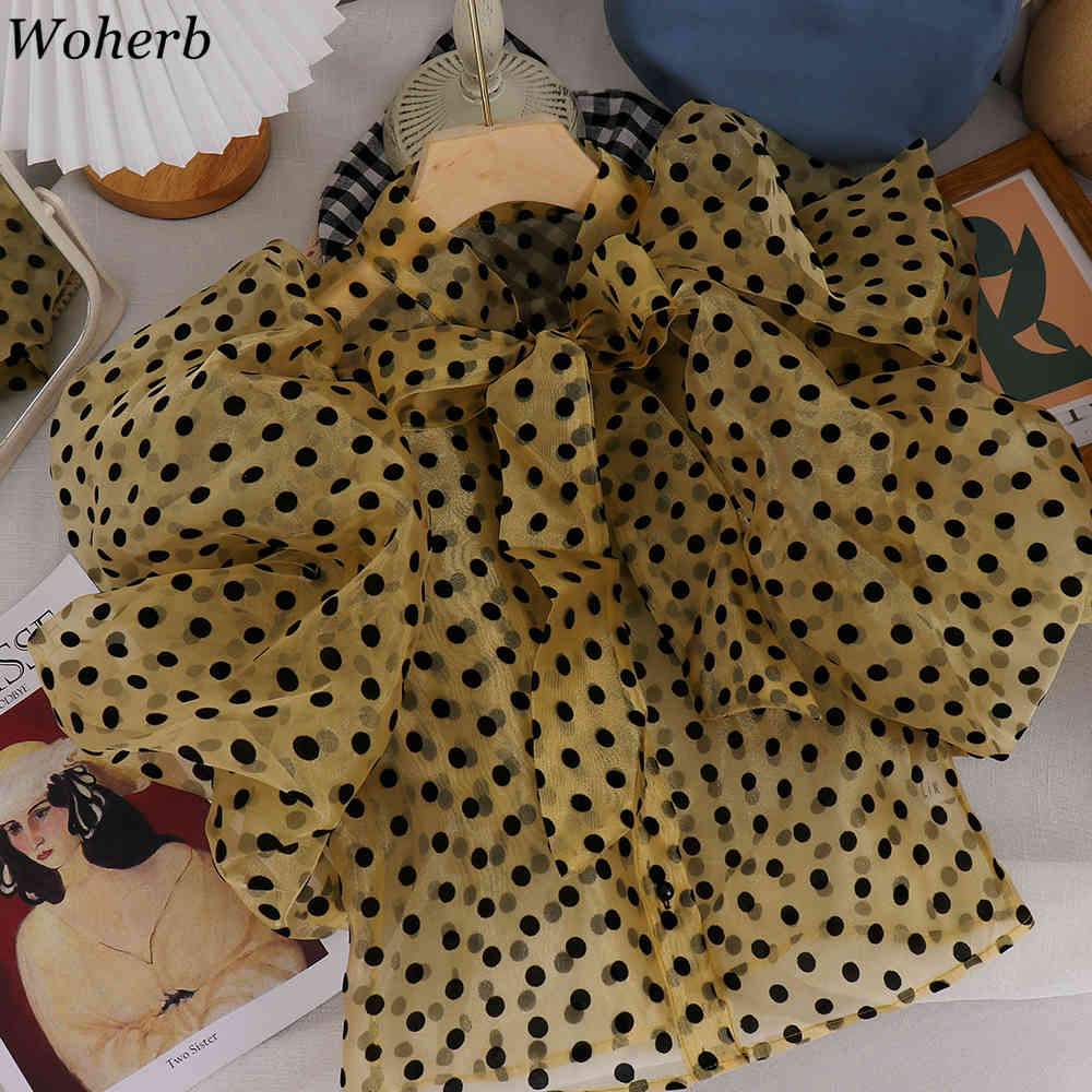 Polka Dot Shirt Women Summer Korean Blusas Mujer Loose Chic Chiffon Blouse O Neck Bow Single Breasted See Through Tops 210519
