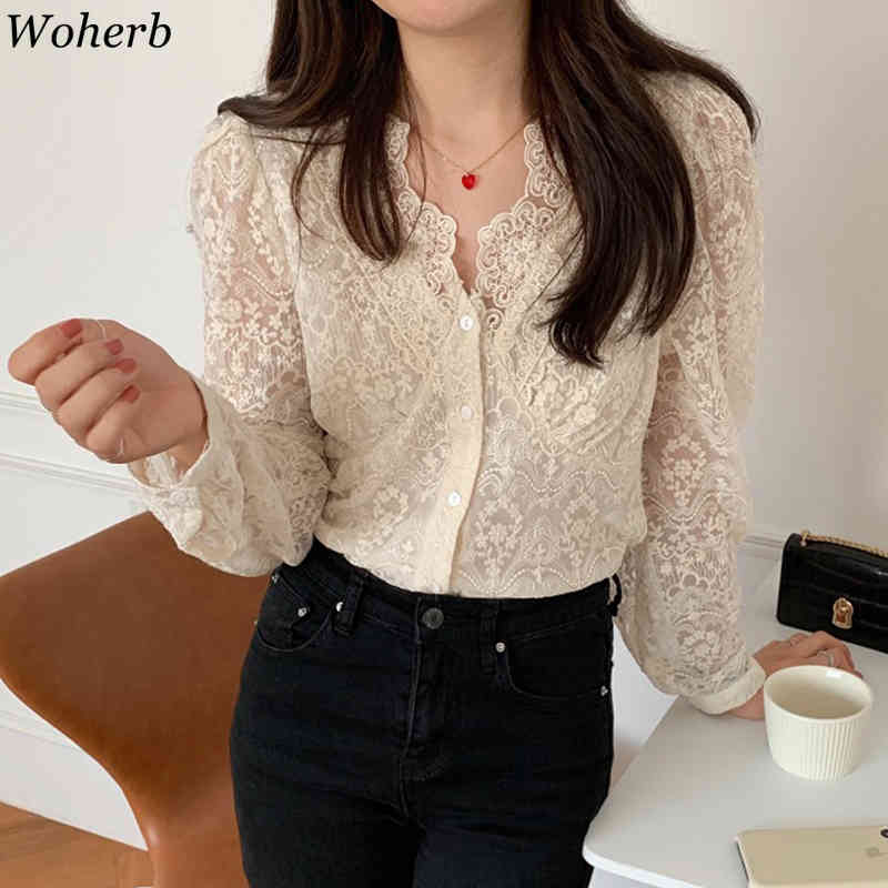 Korean Chic Blouse Women Temperament V-neck Heavy Lace Crochet Floral Shirt See Through Tops Blusas Mujer De Moda 210519