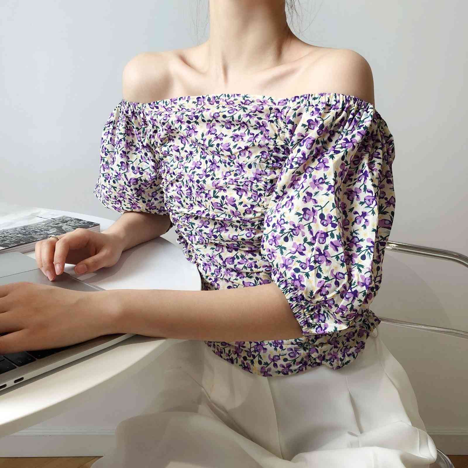 Sexy Off Shoulder Crop Blouse Women Puff Sleeve Pleeated Floral Print Blusas Korean Chic Elegant Tops Shirts 210519