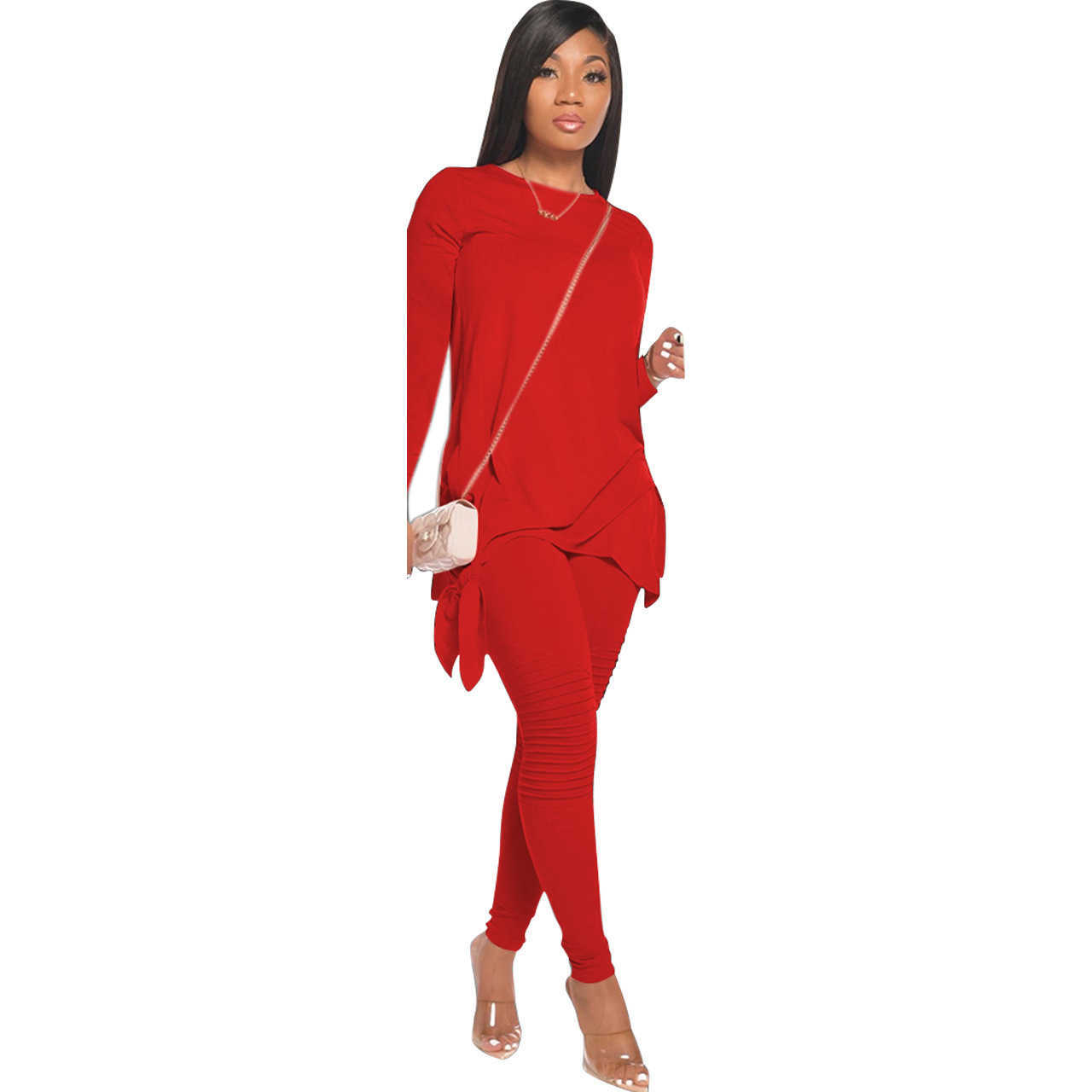 Autumn Fashion Casual Bowknot Long Sleeve Two Piece Sets Ladies Clothing Winter Ruched Joggers 2 Pants Set for Women Black 210604