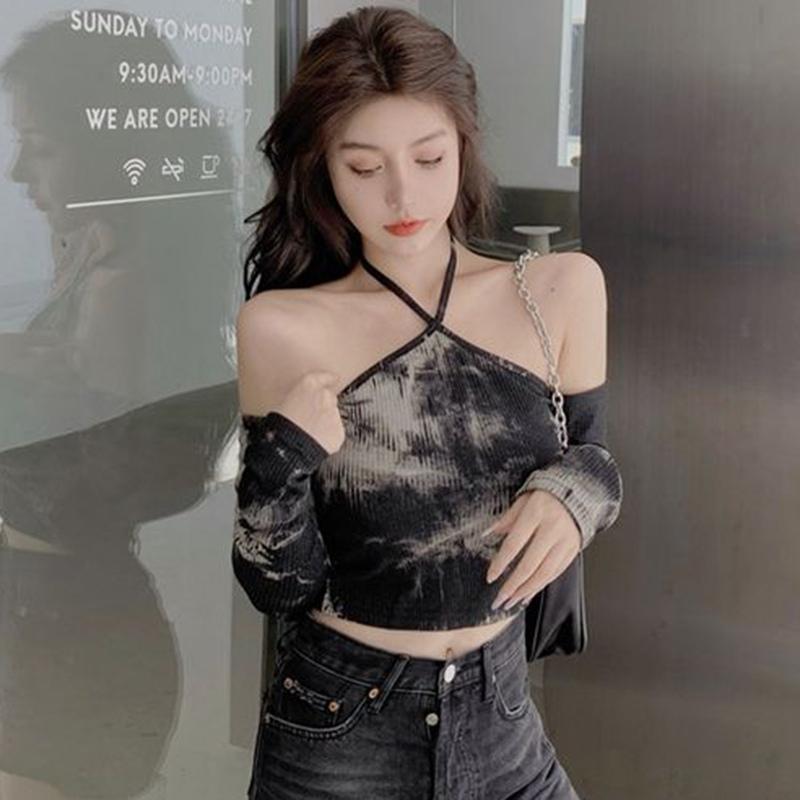 Women's T-Shirt Women Tie Dye T-shirts One-shoulder Halter Long Sleeve Female Punk Style Streetwear Top, Black
Women's T-Shirt Women Tie Dye T-shirts One-shoulder Halter Long Sleeve Female Punk Style Streetwear Top, Black