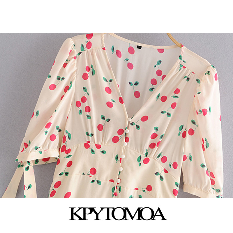 Women Chic Fashion Cherry Printed Buttons Mini Dress Tied Short Sleeves With Lining Female Dresses Mujer 210420