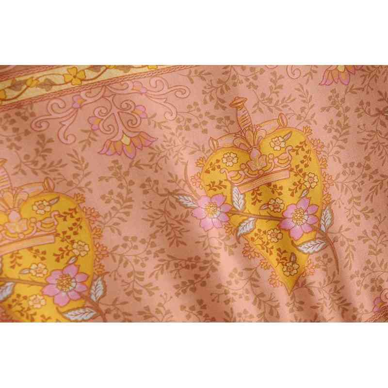 Bohemia Bandage Lacing up Collar Orange Floral Print Dress BOHO Woman Hit Color Long Sleeve Maxi Holiday Dresses 210429