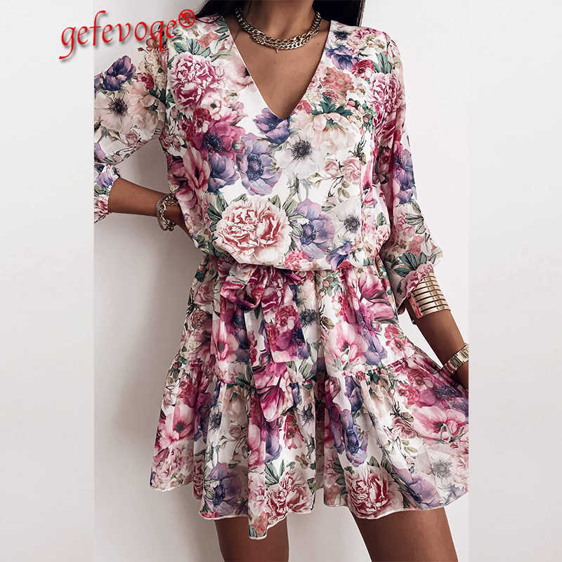 Trending Dresses for Women Spring Summer V Neck Floral Print Ruffle Casual Party Beach Robe Femme Vestido A Line Mini Dress 210630