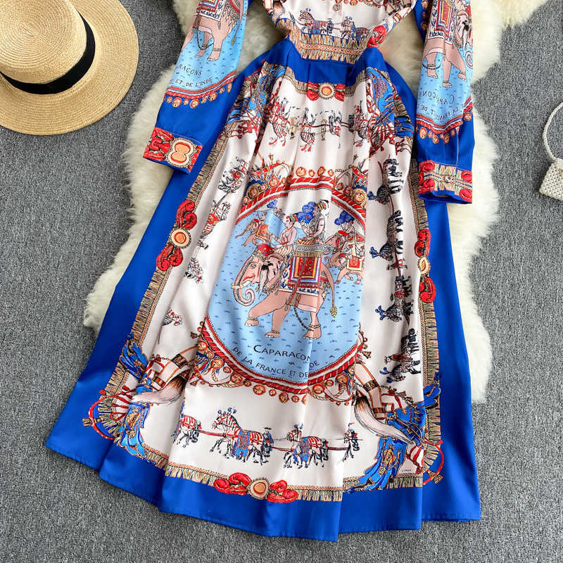 DEAT Women Blue Printign Midi-long Dress Lapel Longd Sleeve Arrivals Lady Temperament Fashion Spring Summer 11D1146 210709
