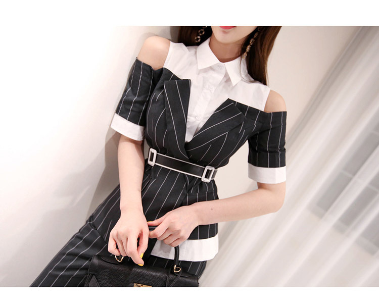 Office Ladies Striped 2 Pieces Set Women Patchwork Short Sleeve Sashes Tops + High Waist Pants Elegant Female Sets 210506