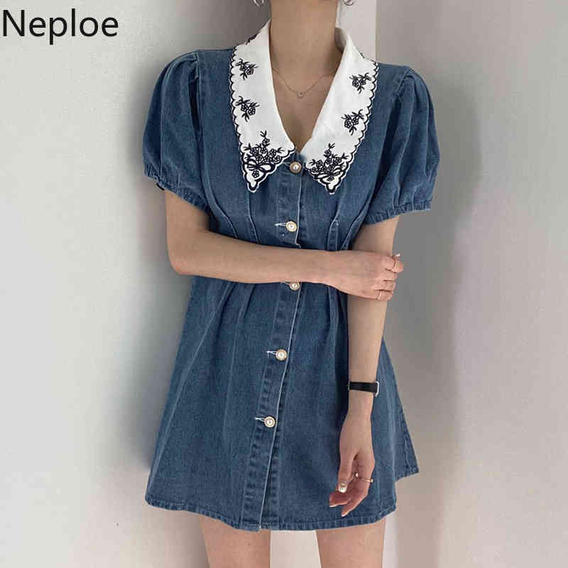 Nwploe Mini Denim Dress Women Korean Chic Robe Vintage Embroidery Pleated Dresses Single Breasted Puff Sleeve Jeans Vestidos 210422
