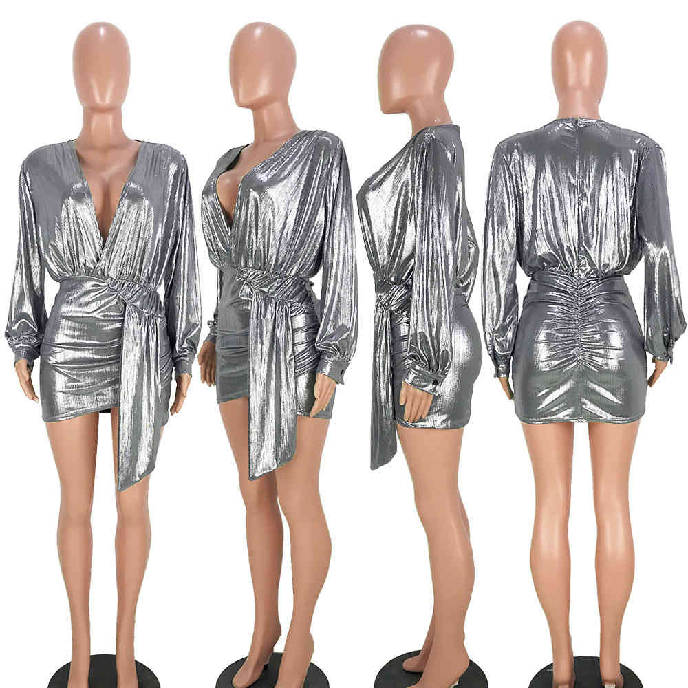 Summer Sexy Skirt Short Dress Deep V-neck es Woman Party Night Women Sequin with Long Sleeves Bodycon 210428