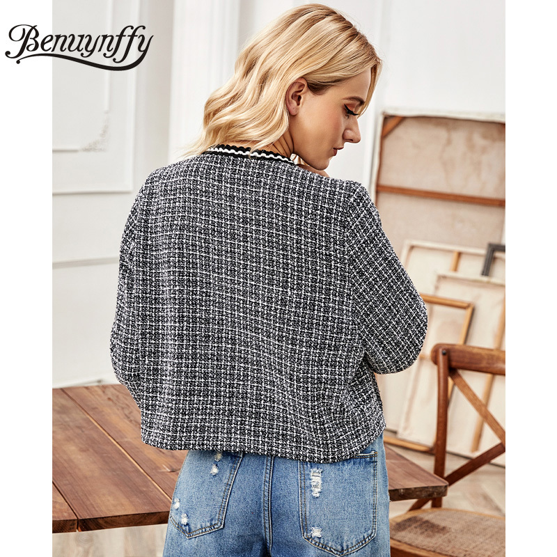 Crew Neck Plaid Tweed Short Coat Women Autumn Korean style Long Sleeve Single Breasted Contrast Jacket For Female 210510