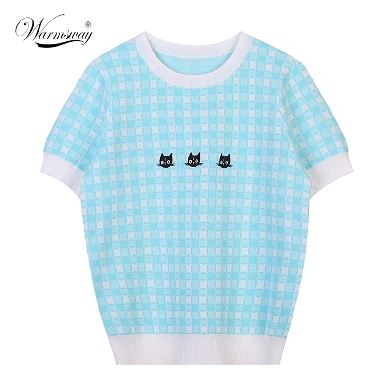 Summer E-girl T-Shirt Women Harajuku Tops Tee Cute Cat Embroidery Short Sleeve Female Knitted Tshirts B-070 210522