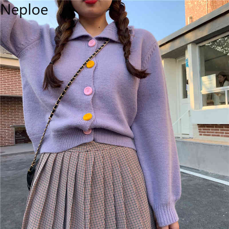Neploe Vintage Knitted Cropped Cardigan Chic Single Breasted Sweet Sweaters for Women Loose Long Sleeve Sueter Coat Pull Femme 210422