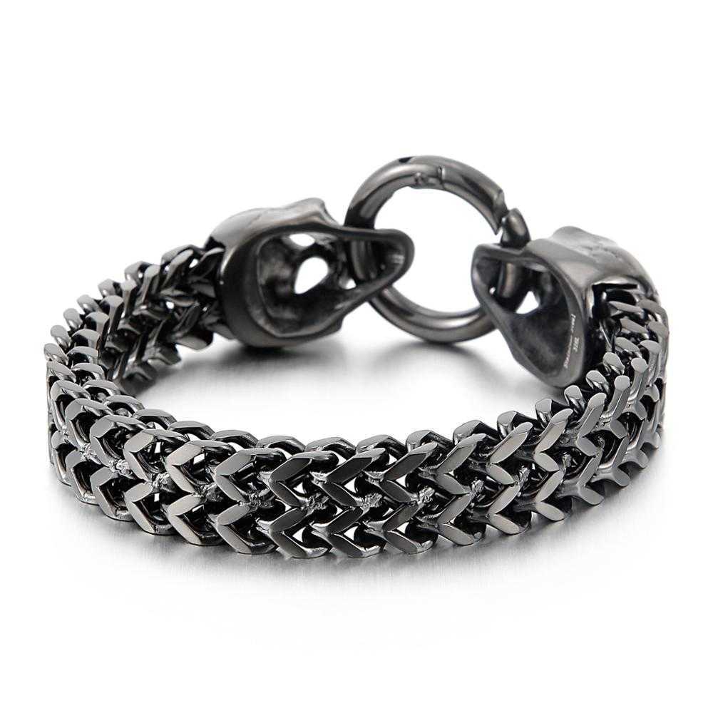 11mm Punk Ghost Head Chain Bracelet Men Stainless Steel 316L Gold/Black/Silver Color Double Skull Charm Bracelets 210609