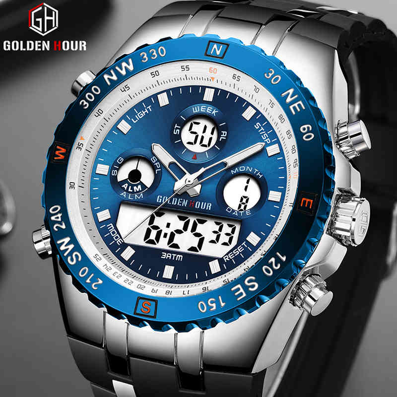 

Men Fashion Dual Display Outdoor Sports Watch GOLDENHOUR Top Brand Man Quartz WristWatch Casual Silicon Belts Male Clock Relogio 210517, Black black