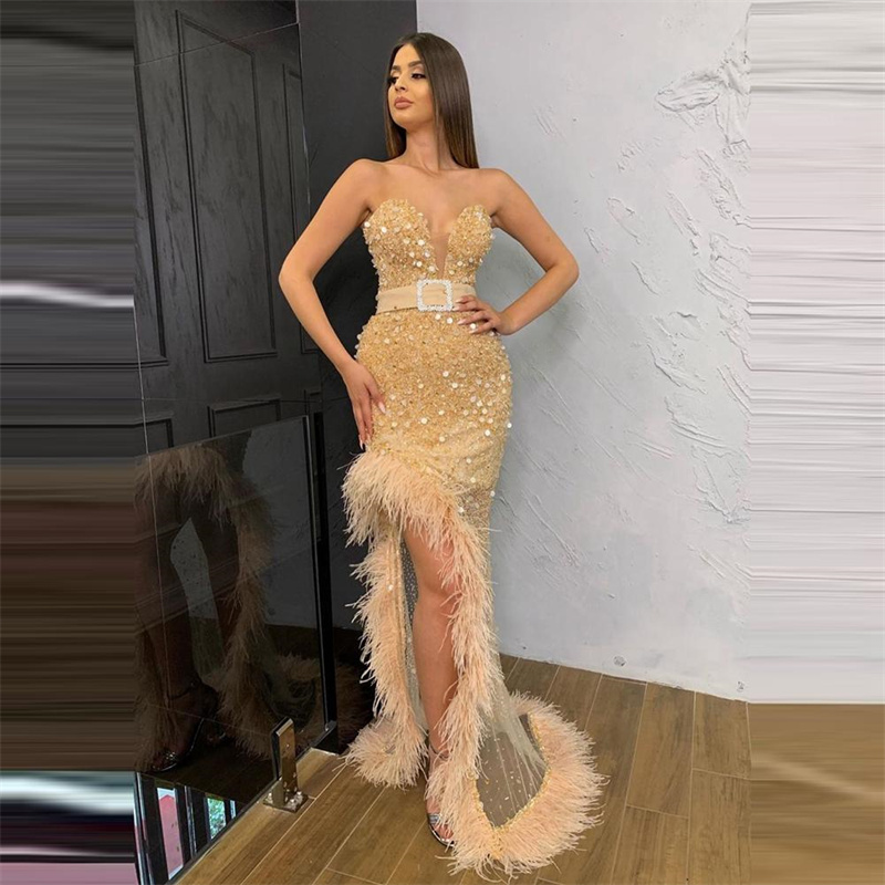 Feather Gold Evening Dresses Off Shoulder Sleeveless Sash Sequins Party Gowns Women Prom Dress Floor Length Princess Robe De Soriee