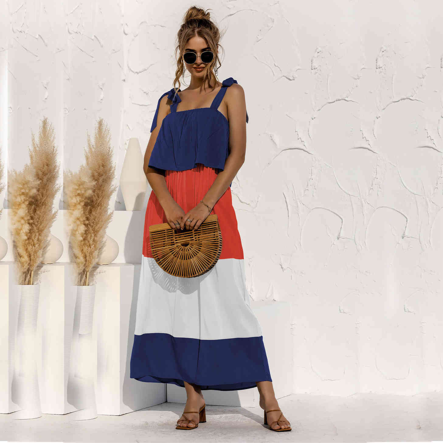 Bohe long dress Summer A-Line Spaghetti Strap Patchwork Ruffled Casual Women's Ankle-length Dress holidays beach 210524