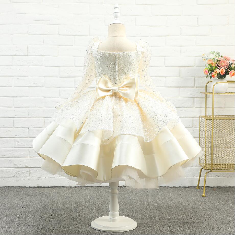 New shiny tulle flower girl dress long sleeve prom party pageant birthday gown