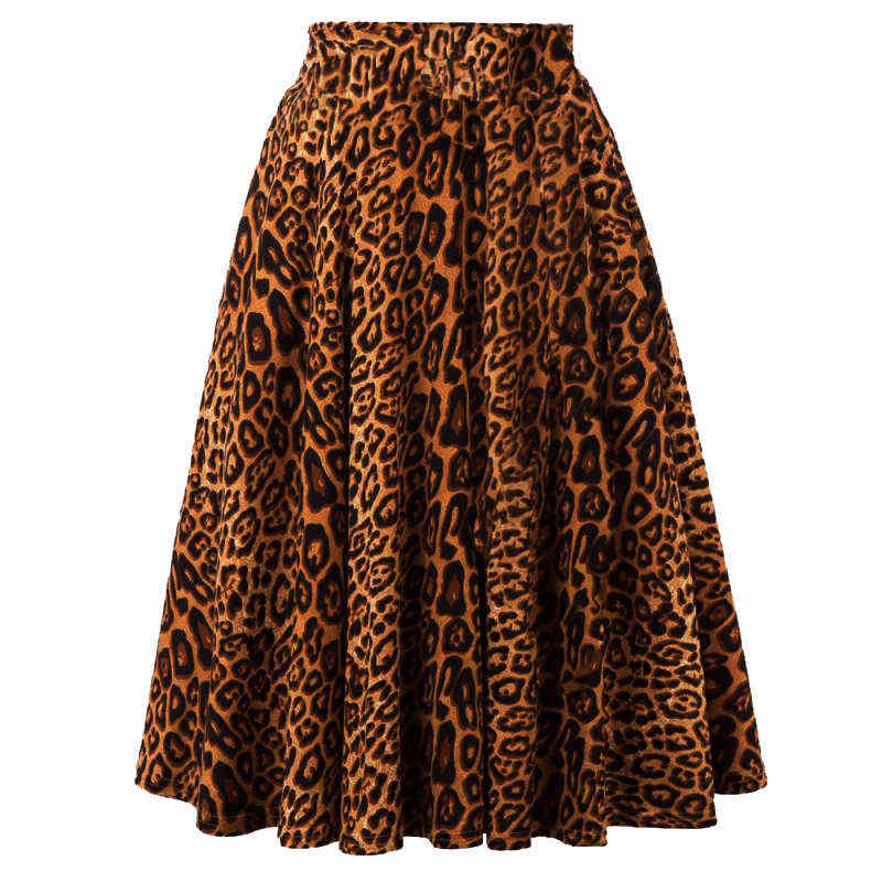 Winter Print High Waist Leopard Skirt Pleated Women Flared Runway Midi Skater 50s Cotton Swing Rockabilly Party Skirts Gothic 211119