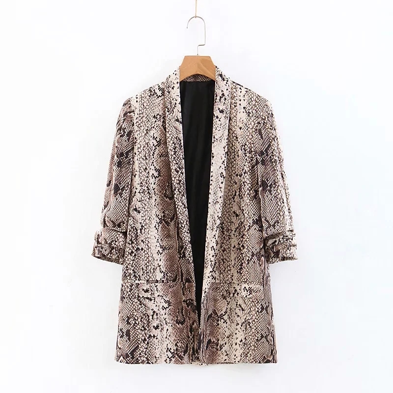 Women Fashion Serpentine Print Vintage golden Blazer Coat Ladies Long Sleeve Pockets Female Outerwear Chic Tops 210521